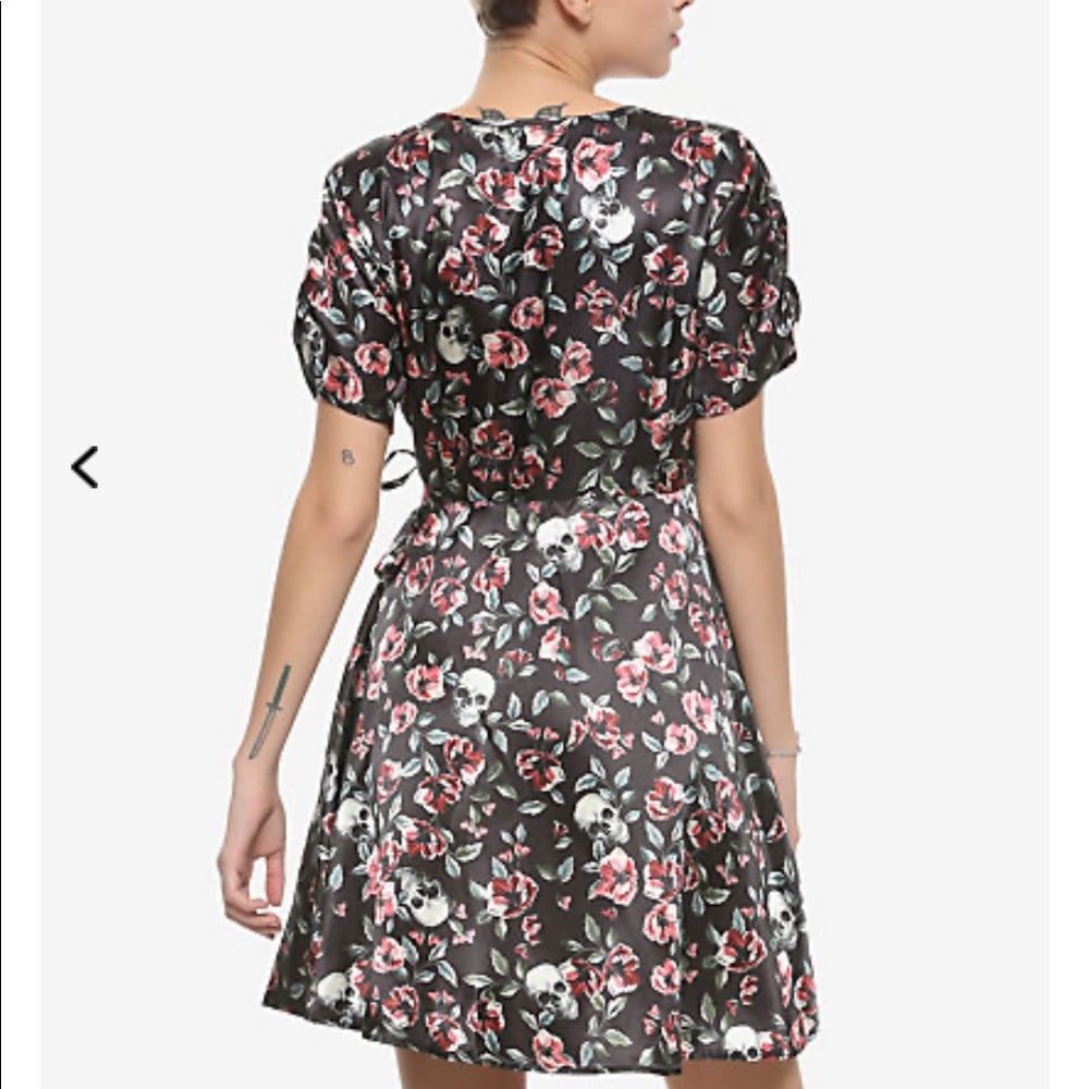 skulls and floral satin wrap dress